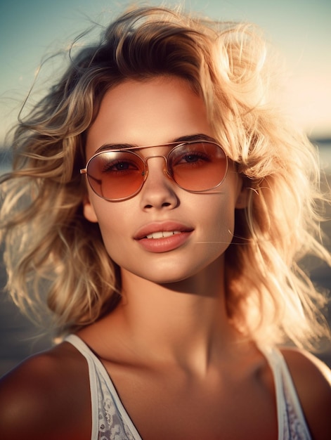 A woman wearing sunglasses on the beach