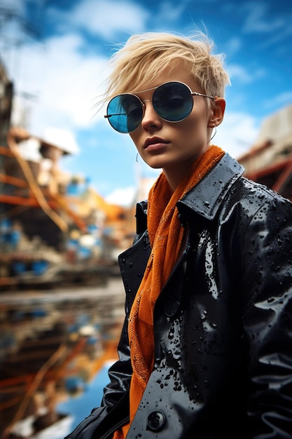 Photo a woman wearing sunglasses and a black coat