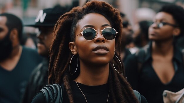 A woman wearing sunglasses and a black hat stands in a crowd.