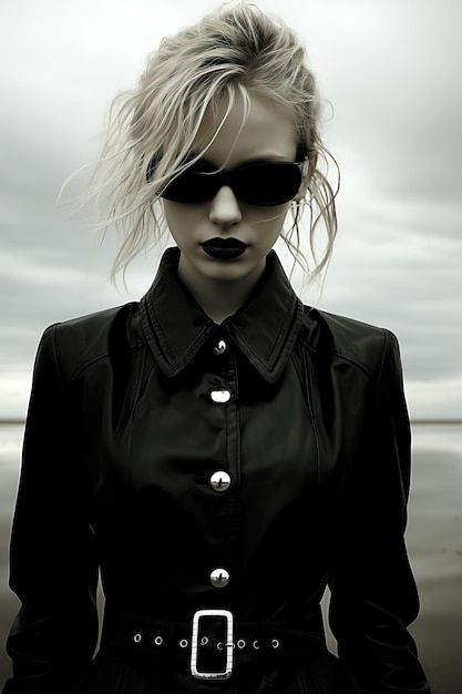 a woman wearing sunglasses and a black jacket