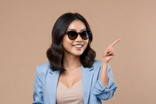 a woman wearing sunglasses and a blue jacket Generative AI