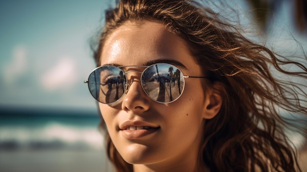 A woman wearing sunglasses and a blue sky is reflected in her sunglasses.