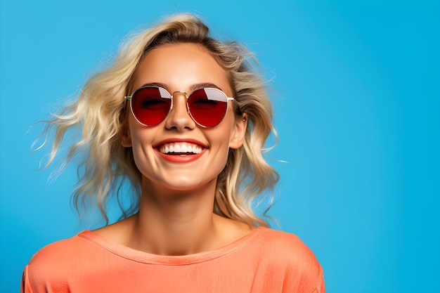 A woman wearing sunglasses and a bright orange top smiles into the camera.