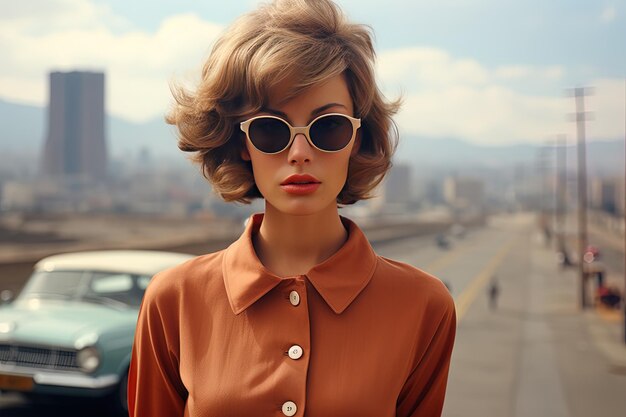 Photo a woman wearing sunglasses and a brown dress is posing for a photo