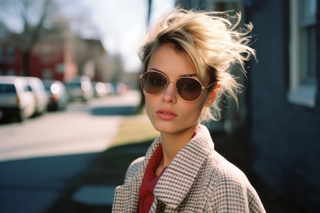 a woman wearing sunglasses and a coat on the street