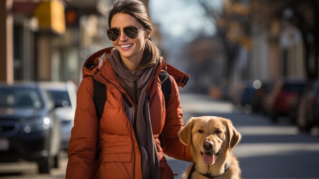 A woman wearing sunglasses and a coat with a dog