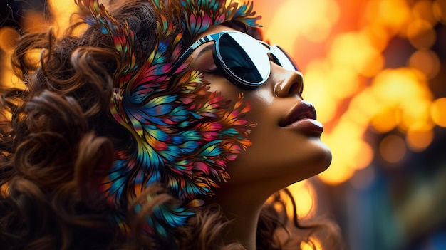 a woman wearing sunglasses and a colorful background