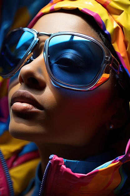 a woman wearing sunglasses and a colorful jacket