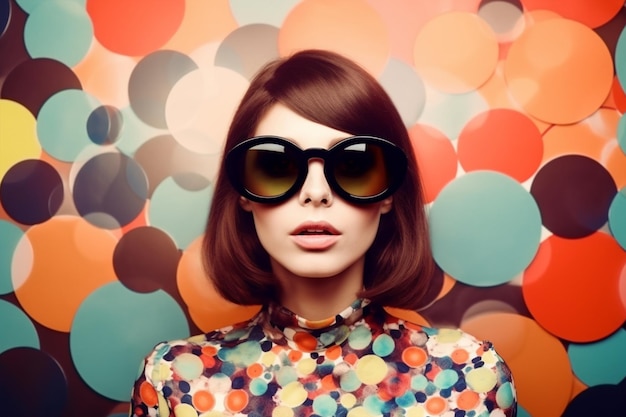 A woman wearing sunglasses and a colorful polka dot dress stands in front of a colorful background.