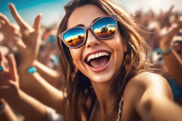 Woman wearing sunglasses dancing in a party festival