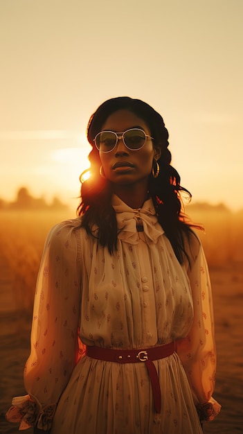 a woman wearing sunglasses and a dress with the sun behind her