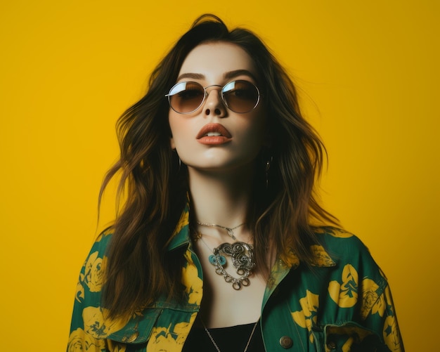 A woman wearing sunglasses and a floral jacket on a yellow background