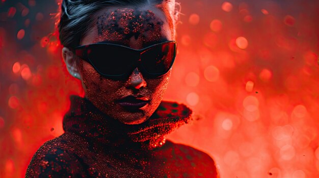 A woman wearing sunglasses and glitter on her face