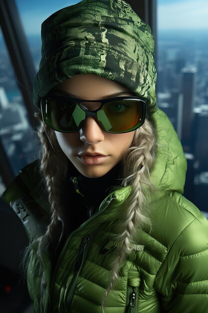 Photo a woman wearing sunglasses and a green jacket