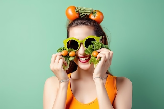 A woman wearing sunglasses and a green sun glasses holds a bunch of vegetables over her eyes.