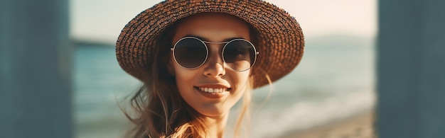 A woman wearing sunglasses and a hat on a beach