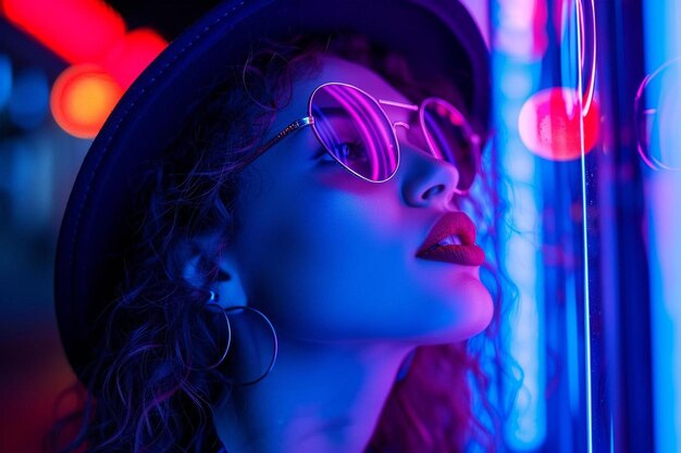 a woman wearing sunglasses and a hat in front of neon lights