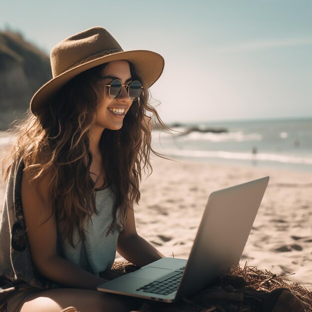 A woman wearing sunglasses and a hat sits on a beach and looks at a laptop.