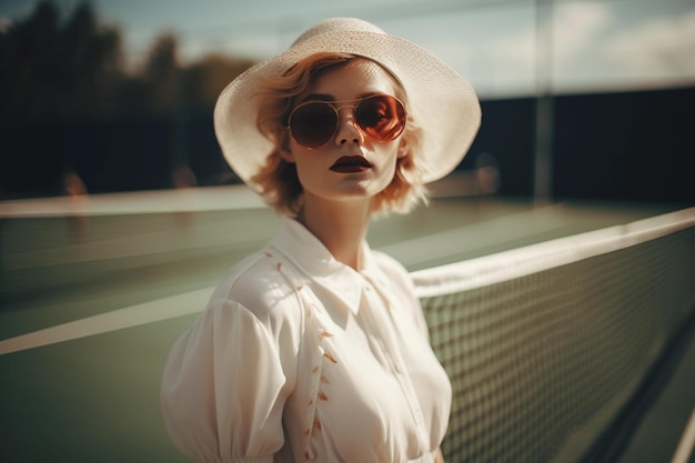 Photo a woman wearing sunglasses and a hat stands on a tennis court.