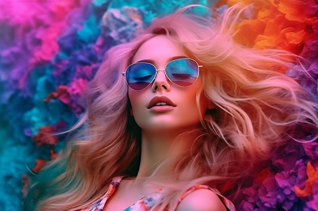 A woman wearing sunglasses is laying on a colorful background with the word love on it.
