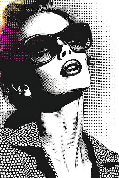 A woman wearing sunglasses and a jacket duotone halftone pattern on white background