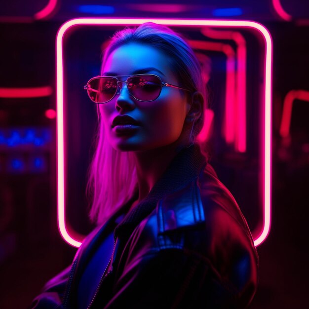 a woman wearing sunglasses and a jacket with a neon sign behind her.