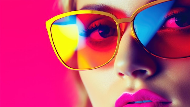 A woman wearing sunglasses and lipstick on a pink background ai