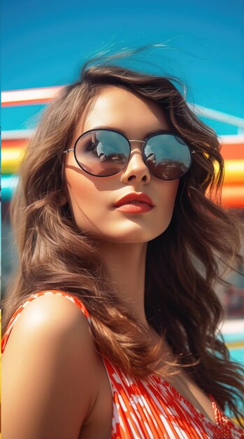 Woman wearing sunglasses long hair in swimming suit