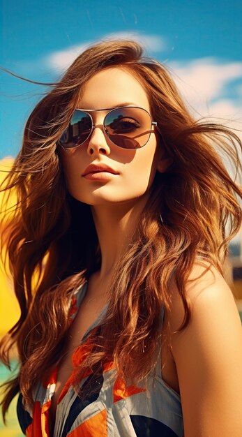 Woman wearing sunglasses long hair in swimming suit