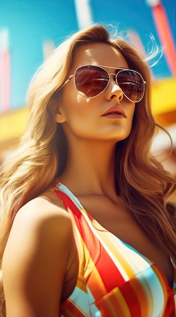 Женщина в солнцезащитных очках с длинными волосами в купальнике