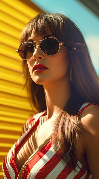 Woman wearing sunglasses long hair in swimming suit