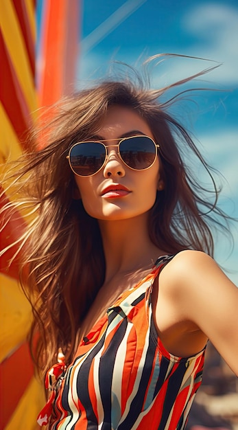 Woman wearing sunglasses long hair in swimming suit