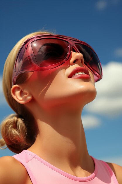 Photo a woman wearing sunglasses and looking up