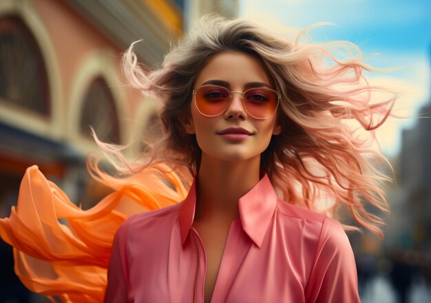 A woman wearing sunglasses and a pink shirt