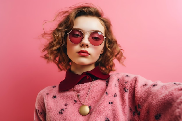 Женщина в солнечных очках и розовом свитере с красным воротником