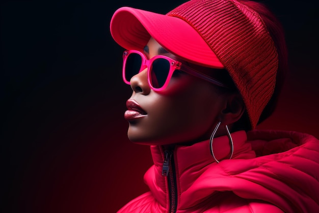 a woman wearing sunglasses and a red jacket