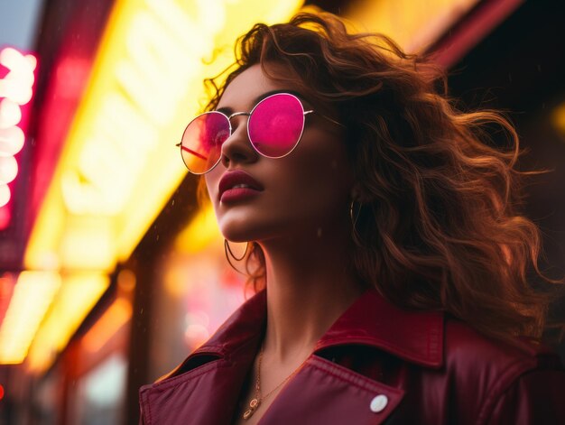 a woman wearing sunglasses and a red leather jacket in front of a neon sign