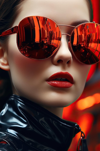 a woman wearing sunglasses and red lipstick