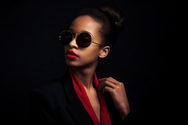 A woman wearing sunglasses and a red scarf stands in front of a black background