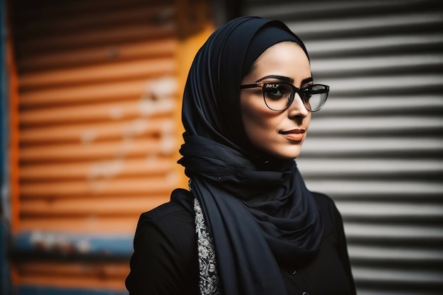 Женщина в темных очках и шарфе стоит перед зданием.