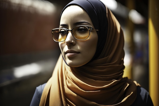 A woman wearing sunglasses and a scarf stands in a train station.