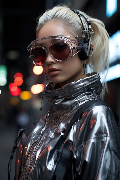 A woman wearing sunglasses and a shiny jacket