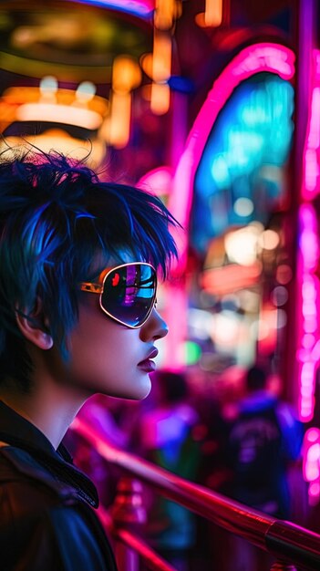 Photo a woman wearing sunglasses and a shirt with a purple hair style