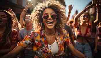 Photo a woman wearing sunglasses and a shirt with the word  sun  on it