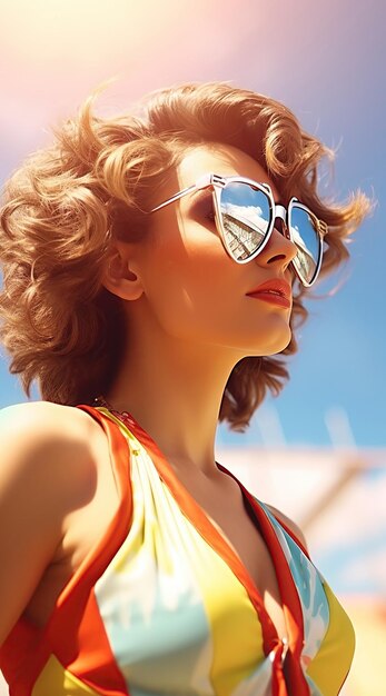 Woman wearing sunglasses short curly hair in swimming suit