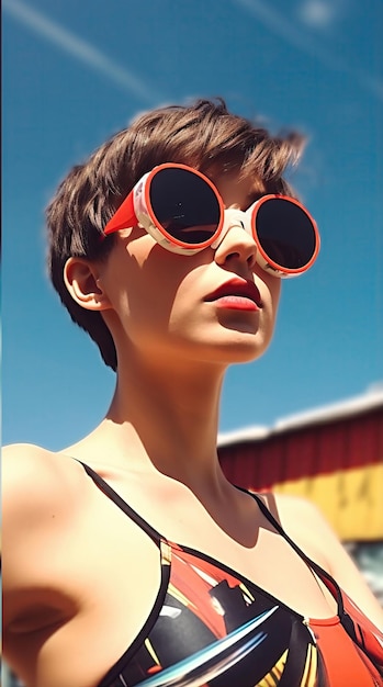 Женщина в солнцезащитных очках с короткими волосами в купальнике