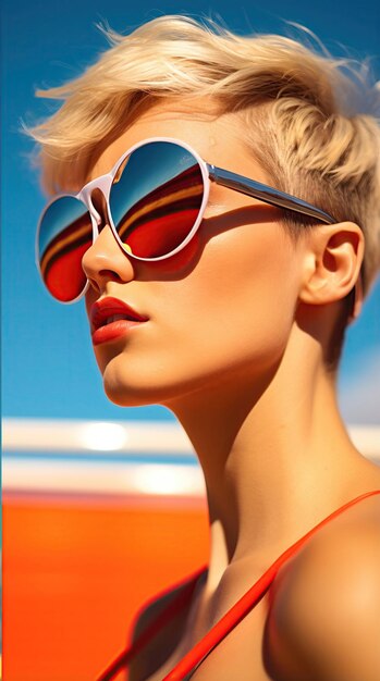 Woman wearing sunglasses short hair in swimming suit