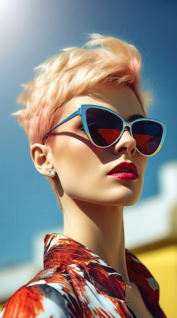 Woman wearing sunglasses short hair in swimming suit