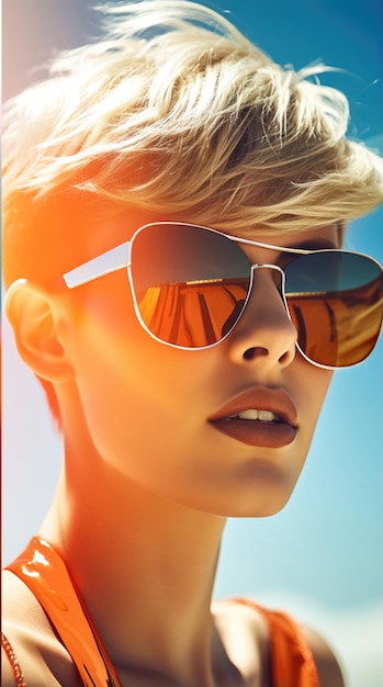 Photo woman wearing sunglasses short hair in swimming suit