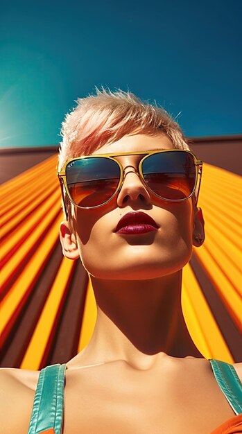 Woman wearing sunglasses short hair in swimming suit